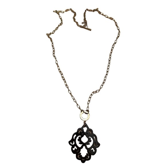 ZENZII GOLD TONE TOGGLE CHAIN BLACK ACRYLIC RESIN STATEMENT NECKLACE - Picture 2 of 7